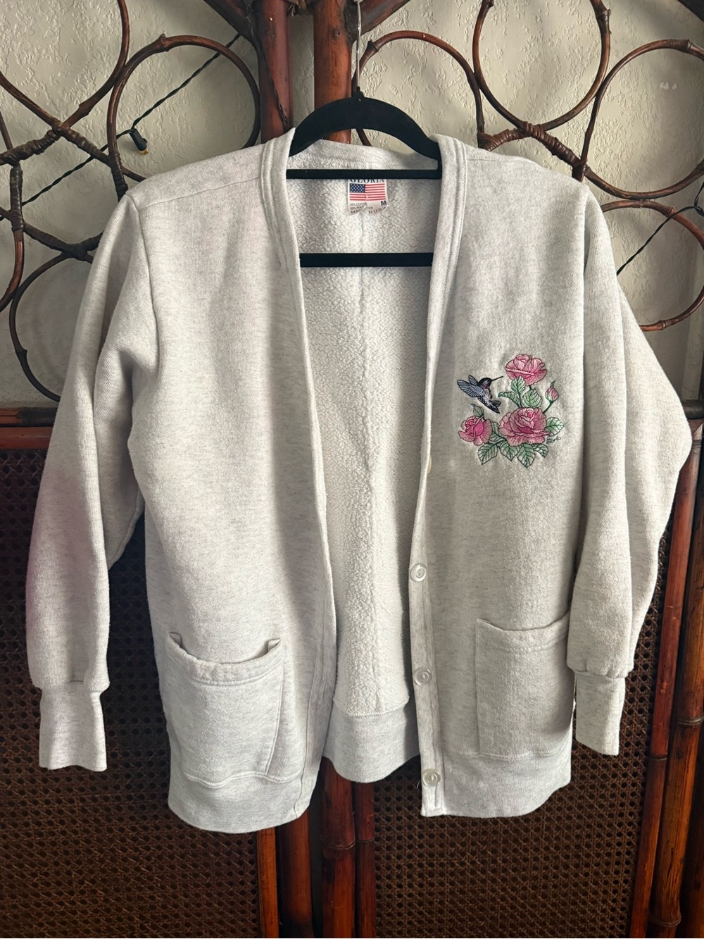 Women's Light Gray Embroidered Floral Cardigan Sweater